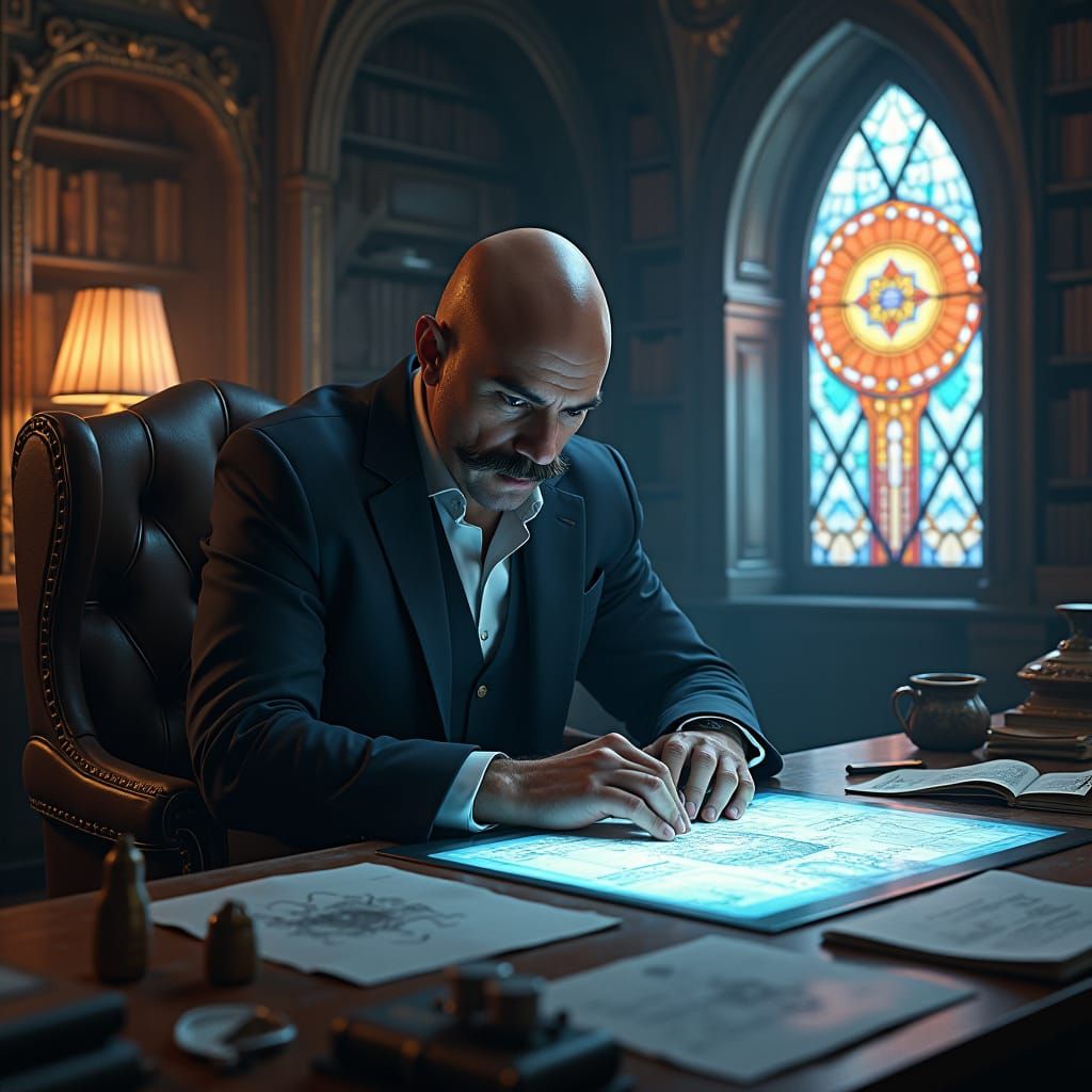 Intense Businessman in Futuristic Victorian Study