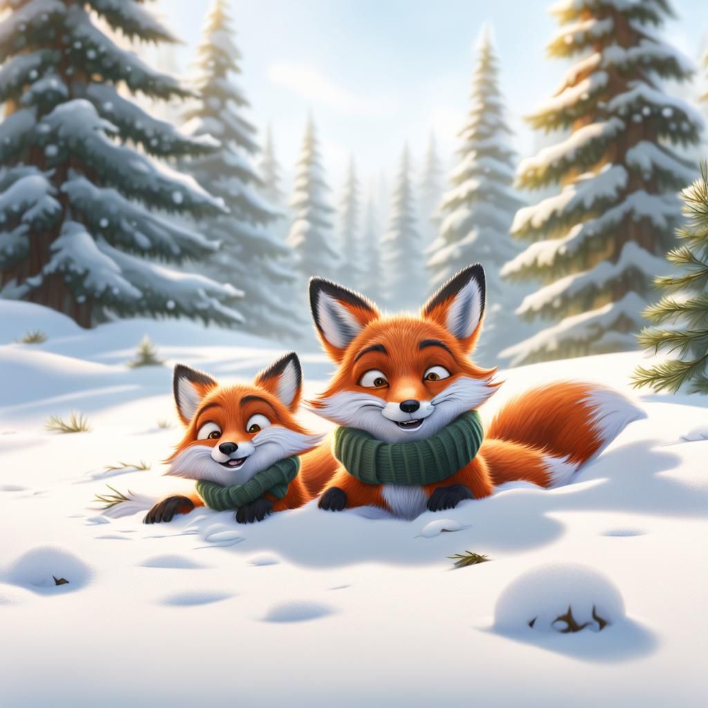 Cartoon Fox Makes Snow Angel in Winter
