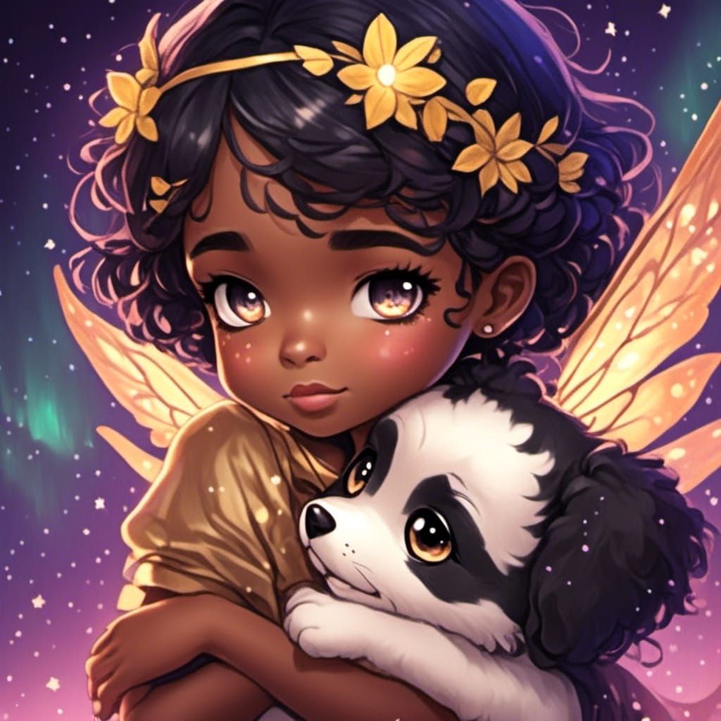 Chibi Fairy with Puppy in Alcohol Ink Style