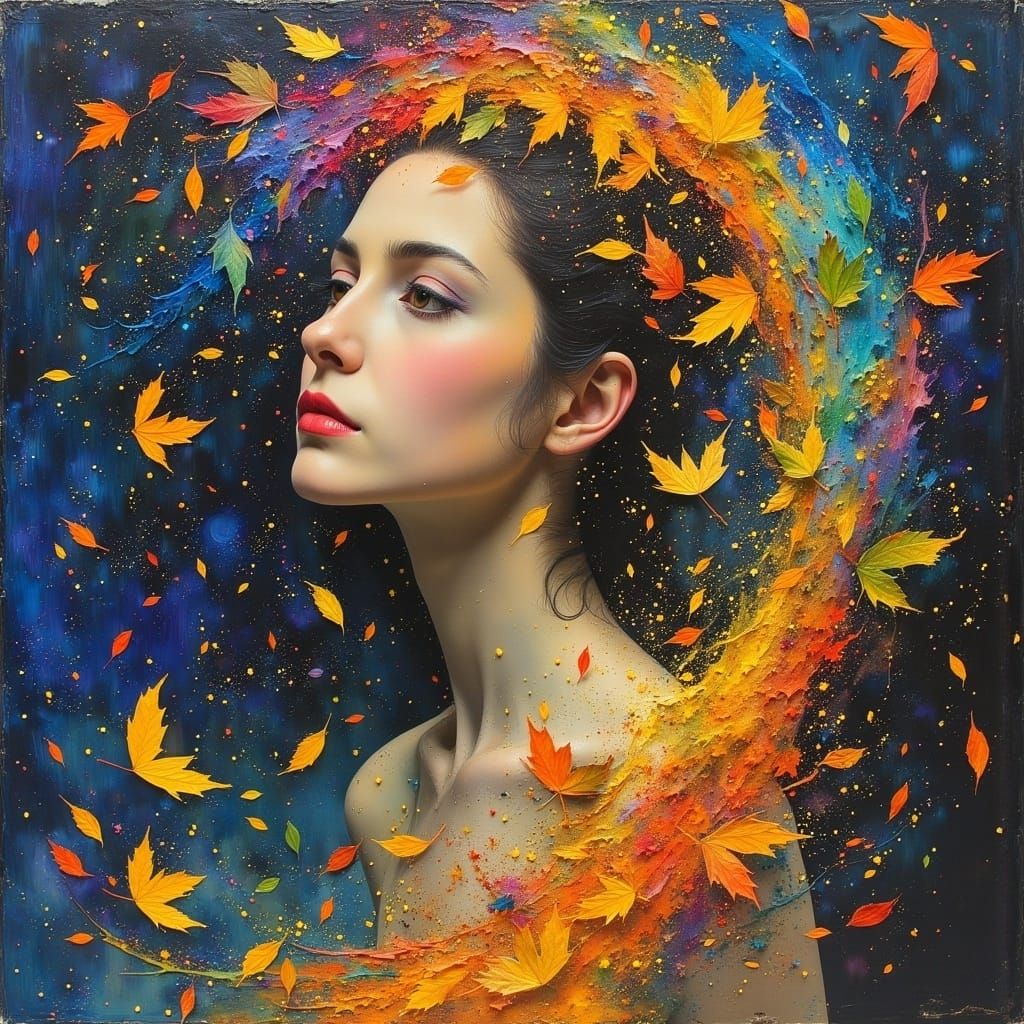 Autumn Leaves Enshroud a Contemplative Woman in Impressionis...
