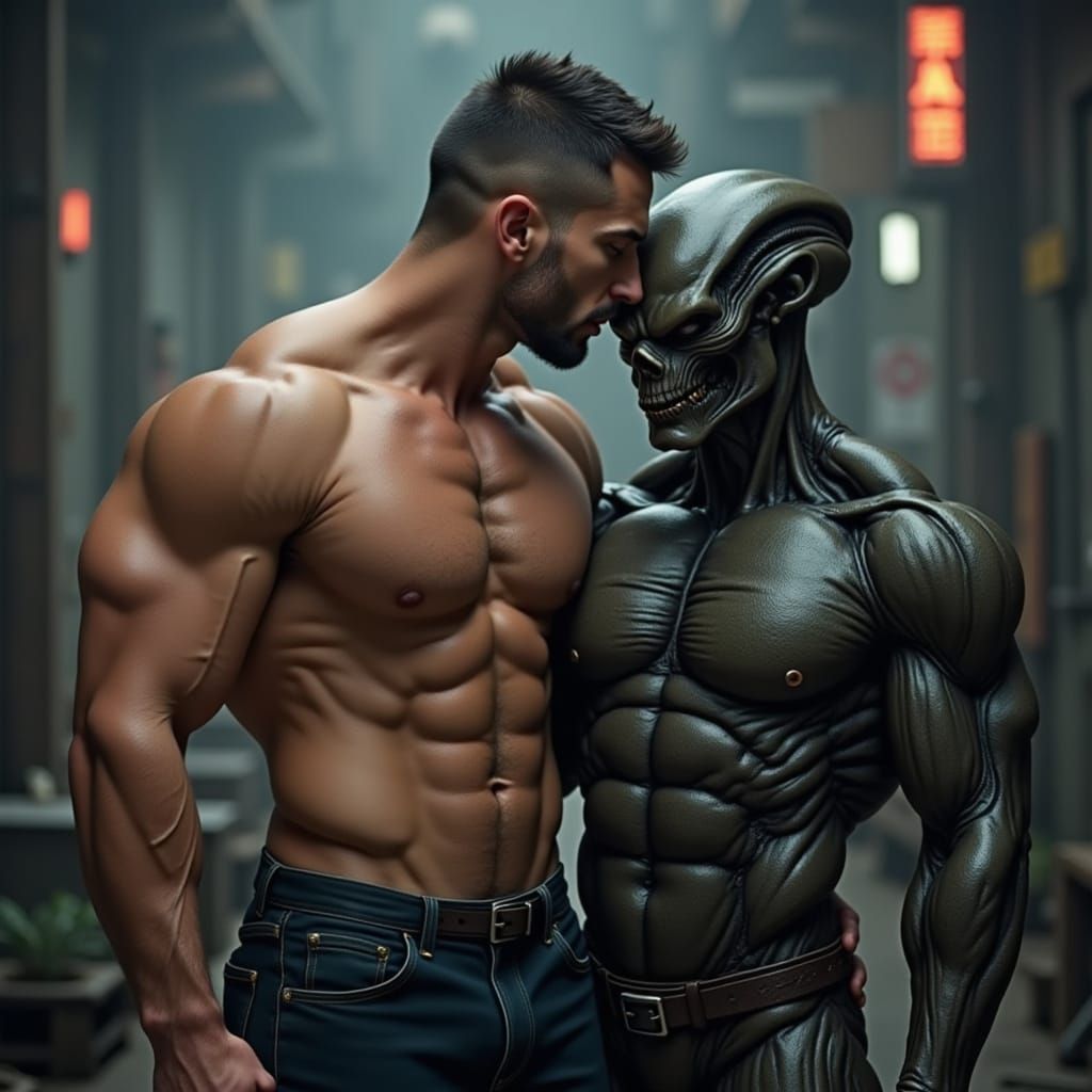 Tender Embrace of Human and Alien in Dark, Futuristic Landsc...