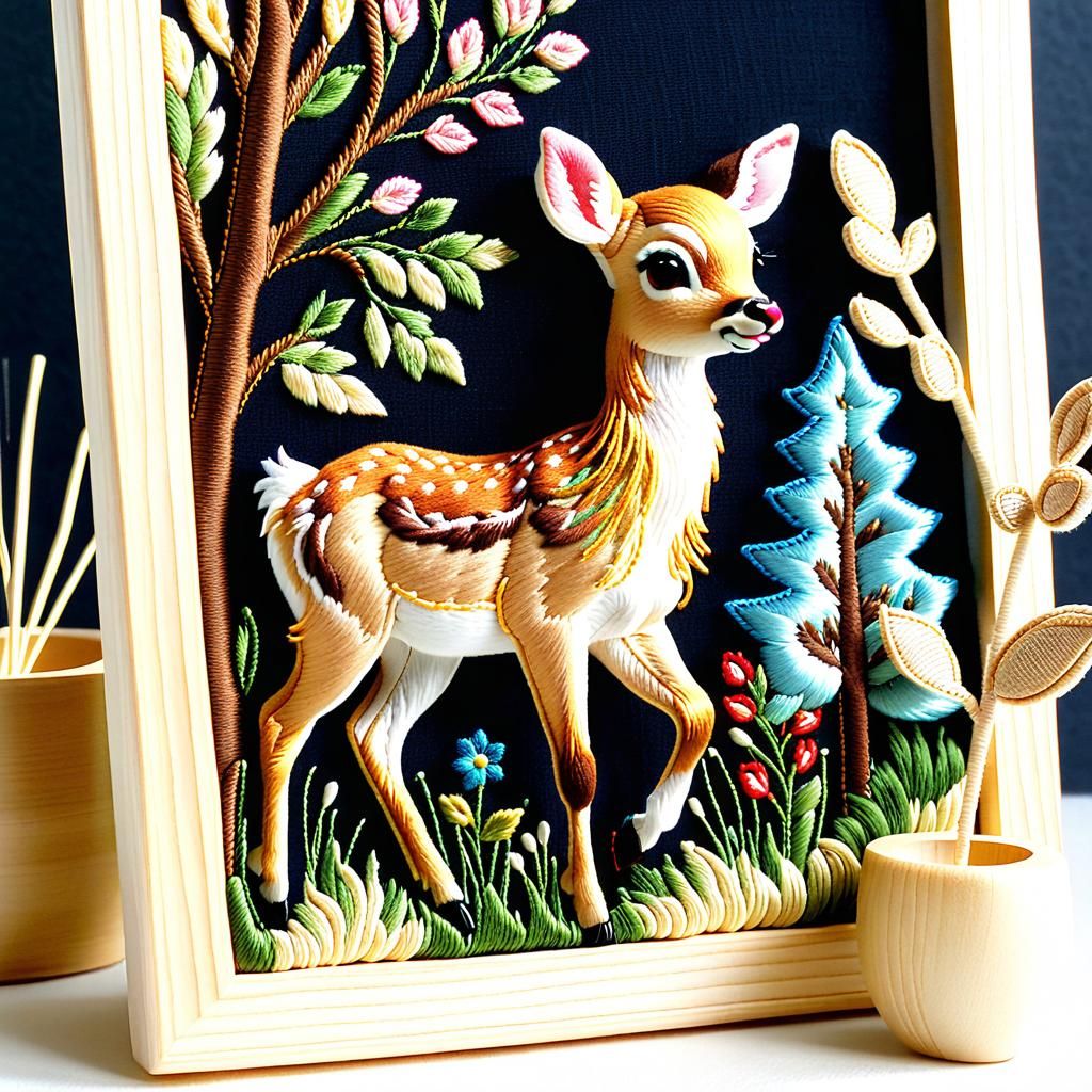 Fawn Escapes Embroidered Forest: 3D Embroidery Art