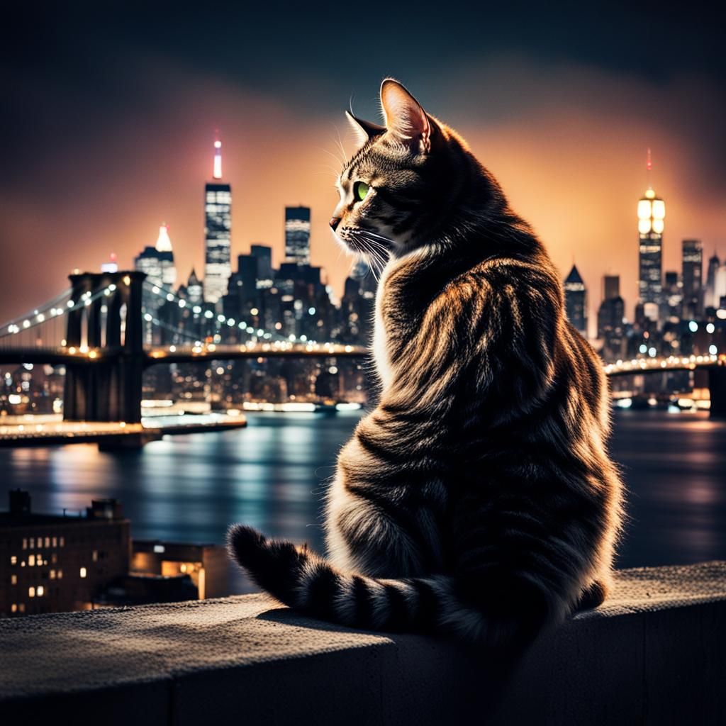 Brooklyn Watchcat Overlooking NYC Skyline at Night