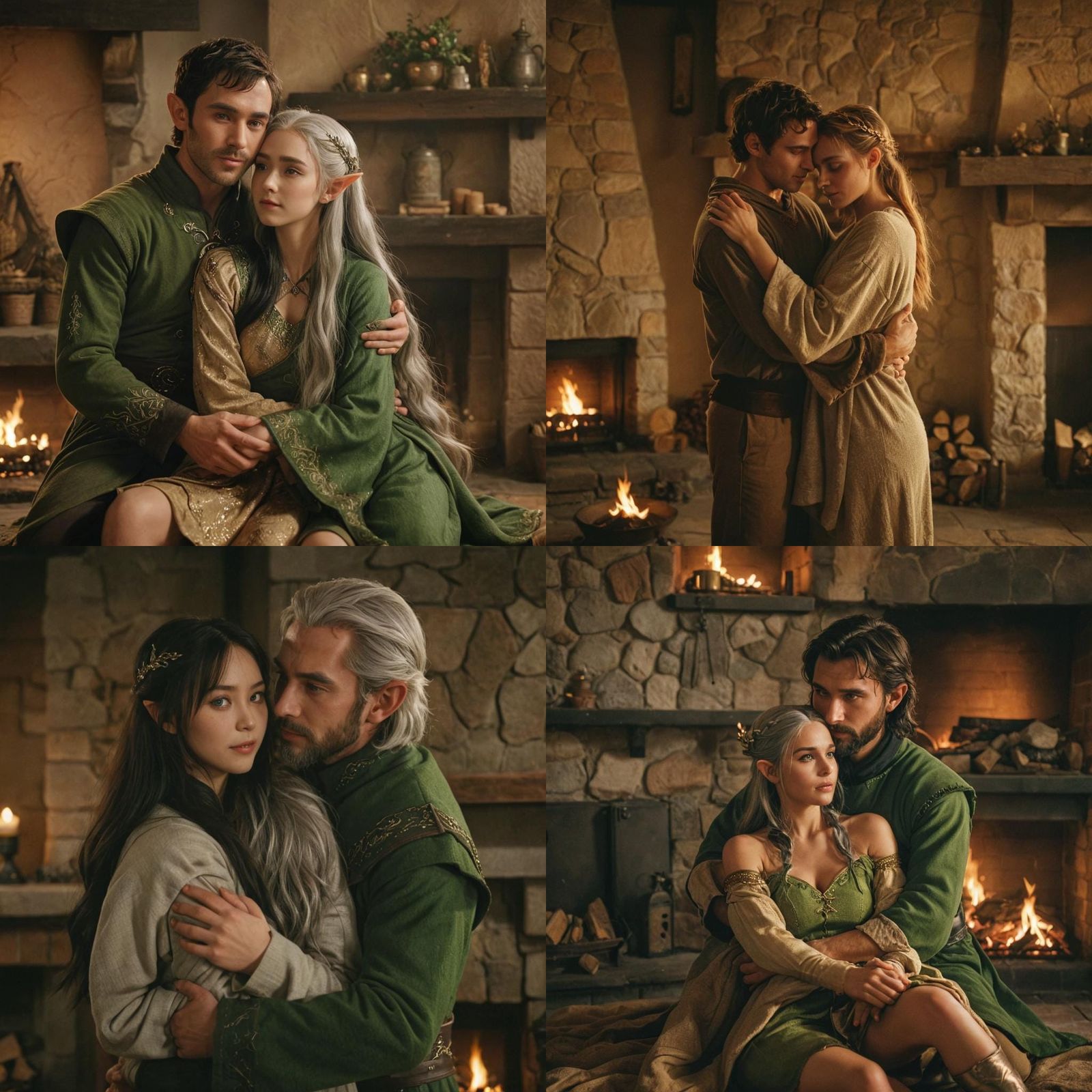 Fantasy Elves Embrace in a Cinematic Film Still