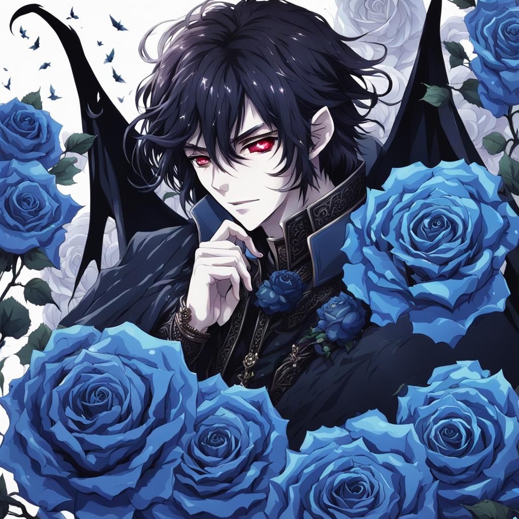 Vampire with Piercing Eyes Amidst Blue and Black Roses in An...