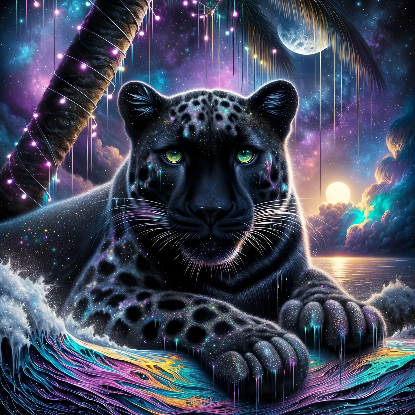 Holographic Leopard in Cosmic Street Art Style