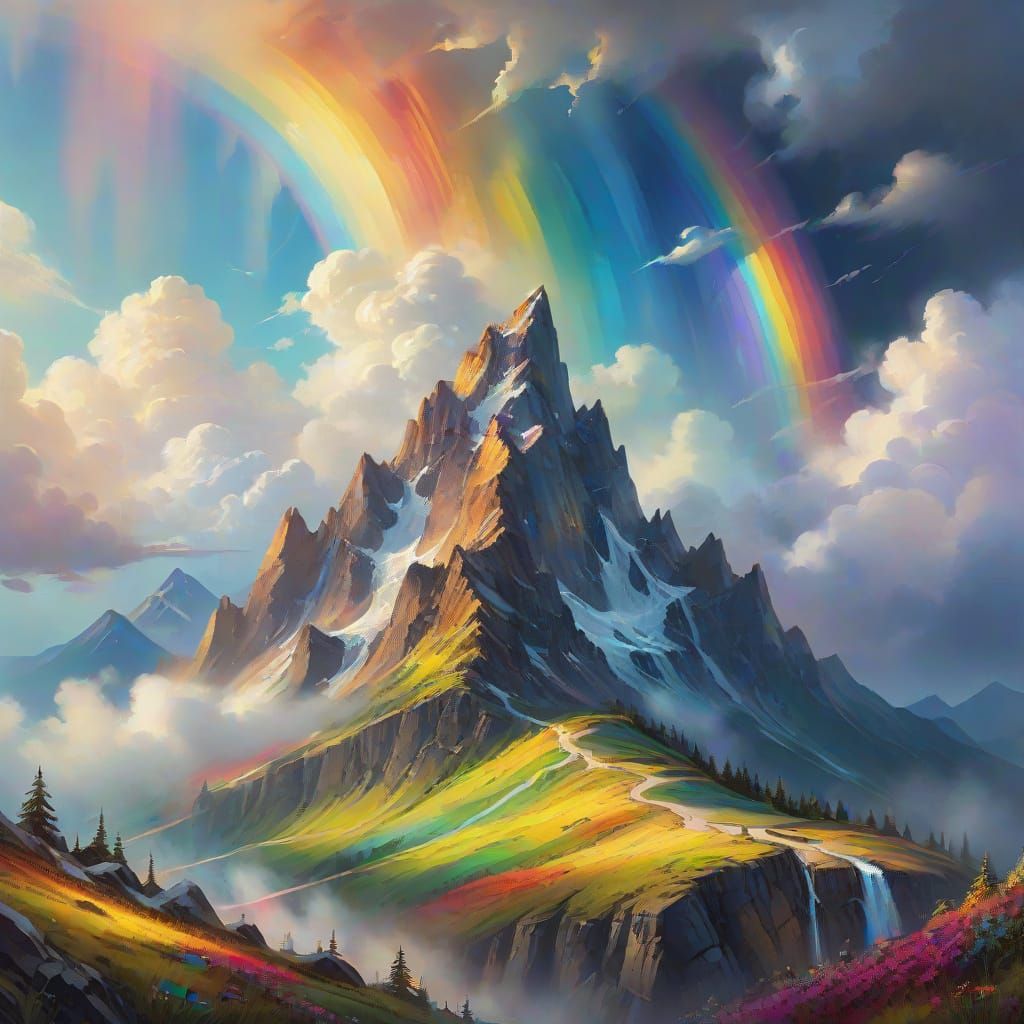Dreamy Mountaintop Rainbows: Whimsical Fantasy Art