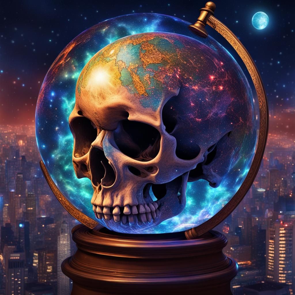 Skull in Globe Over City: Cosmic Illustration