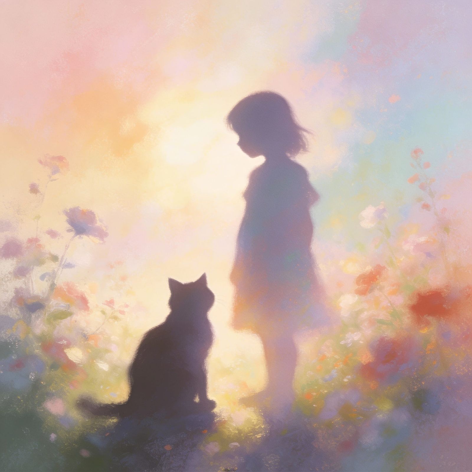 Dreamy Silhouette of Girl and Cat in Pastel Hues