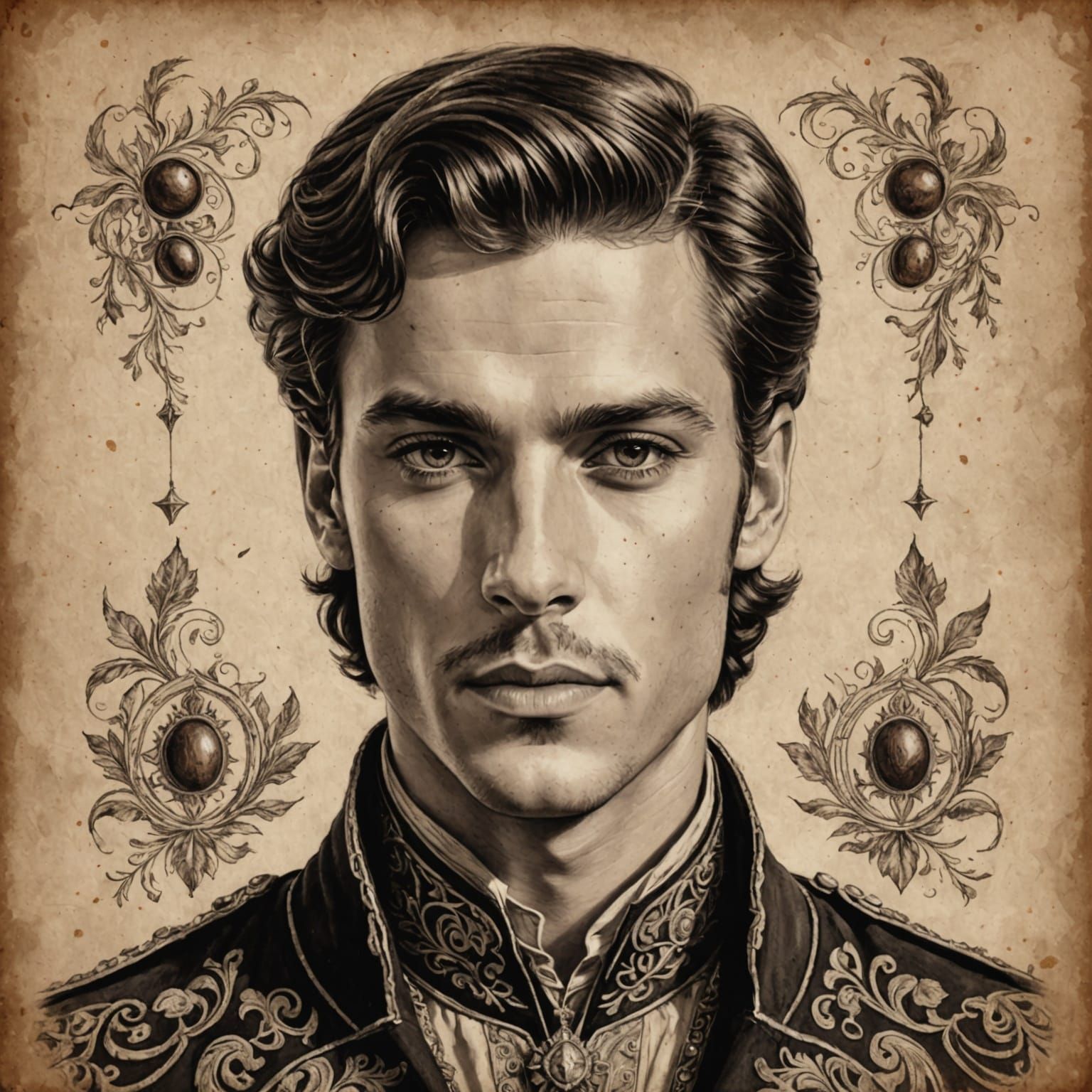Handsome Prince Portrait in Coffee-Toned Charcoal Drawing