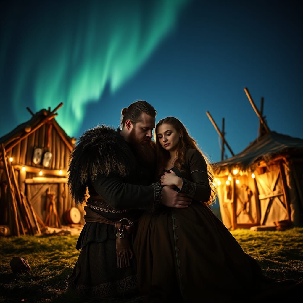 Viking Couple Embracing Under Northern Lights: Hyperrealisti...