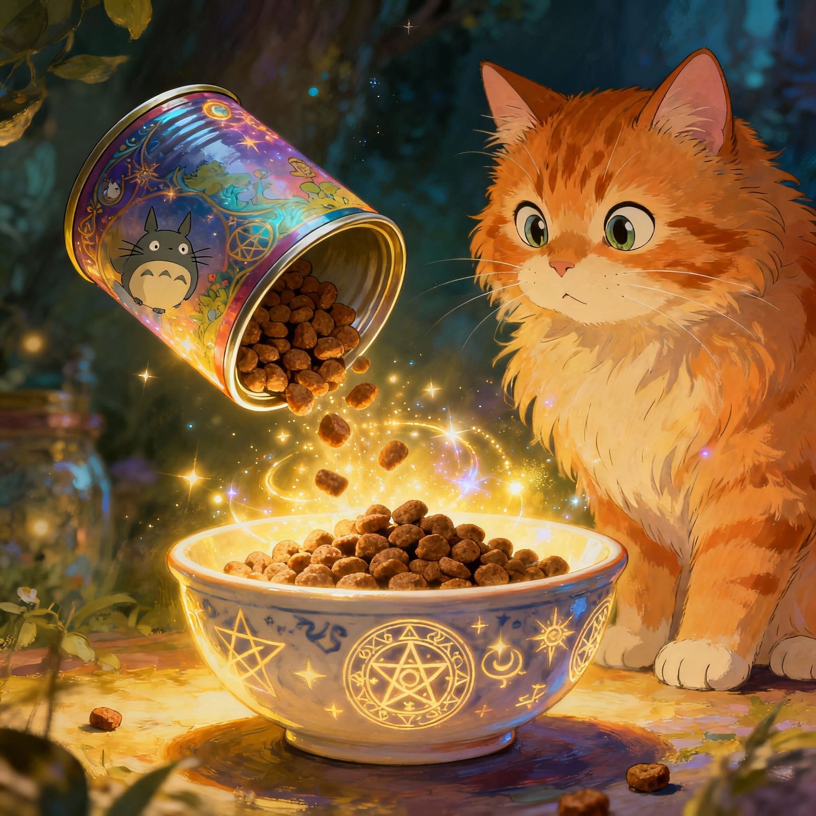 Enchanted Cat Food Can Pours Kibble for Eager Cat