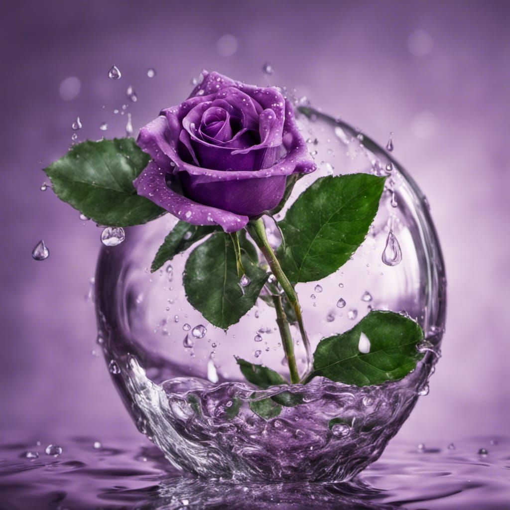 Glass Purple Rose with Water Droplets