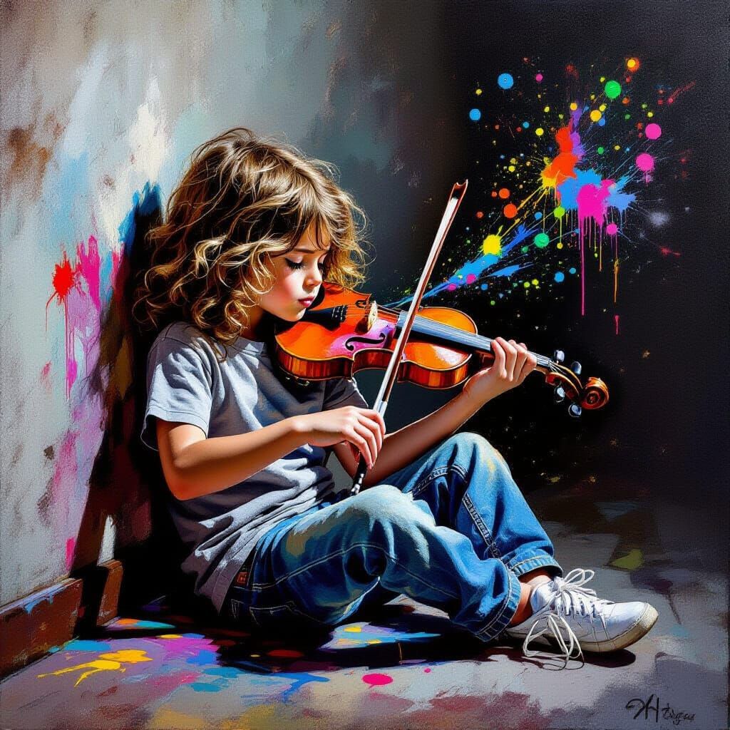 Boy Plays Violin in Dark Room with Graffiti