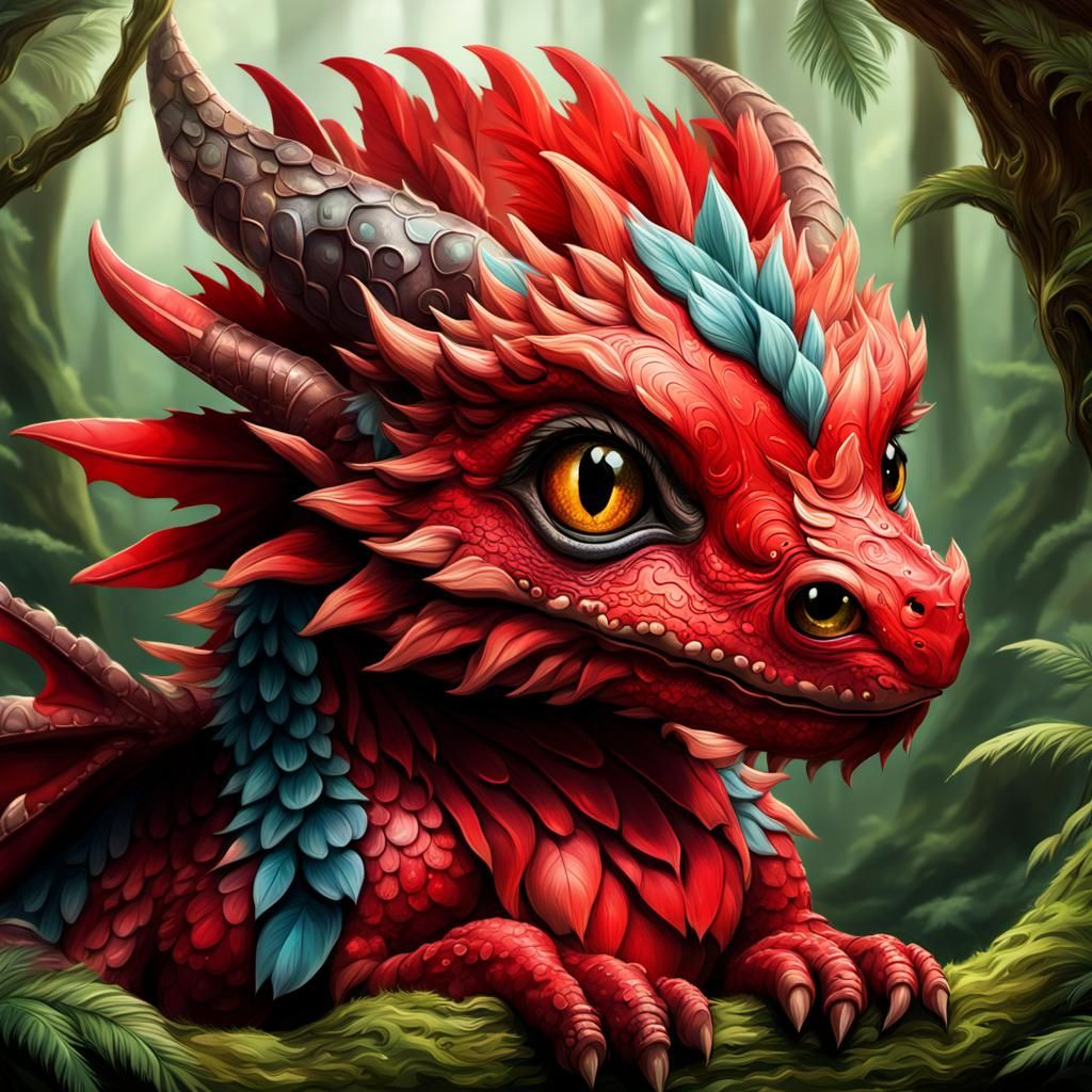 Cute Red Feathered Baby Dragon in Forest