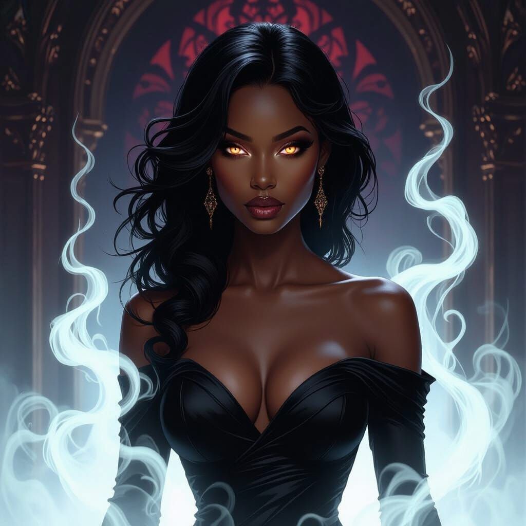 Gothic Sorceress With Glowing Eyes in Dark Hall