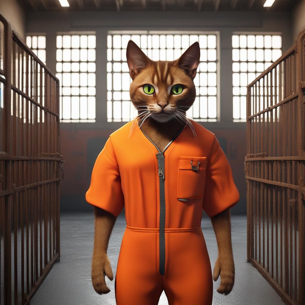 Humanoid Cat in Prison Jumpsuit: Detailed 8K Art
