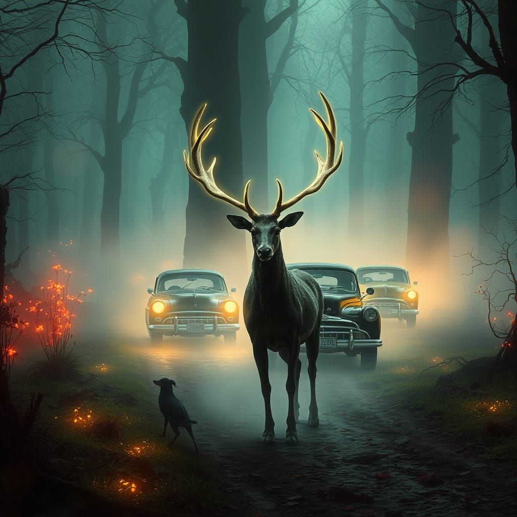 Ghostly Deer Leads Vintage Cars Through Enchanted Forest