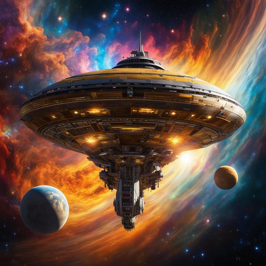 Fantasy Spaceship Flying Through Multicolored Nebula