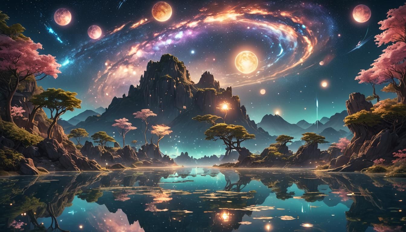 Ethereal Lagoon Reflecting a Starry Galaxy: 3D Anime Art