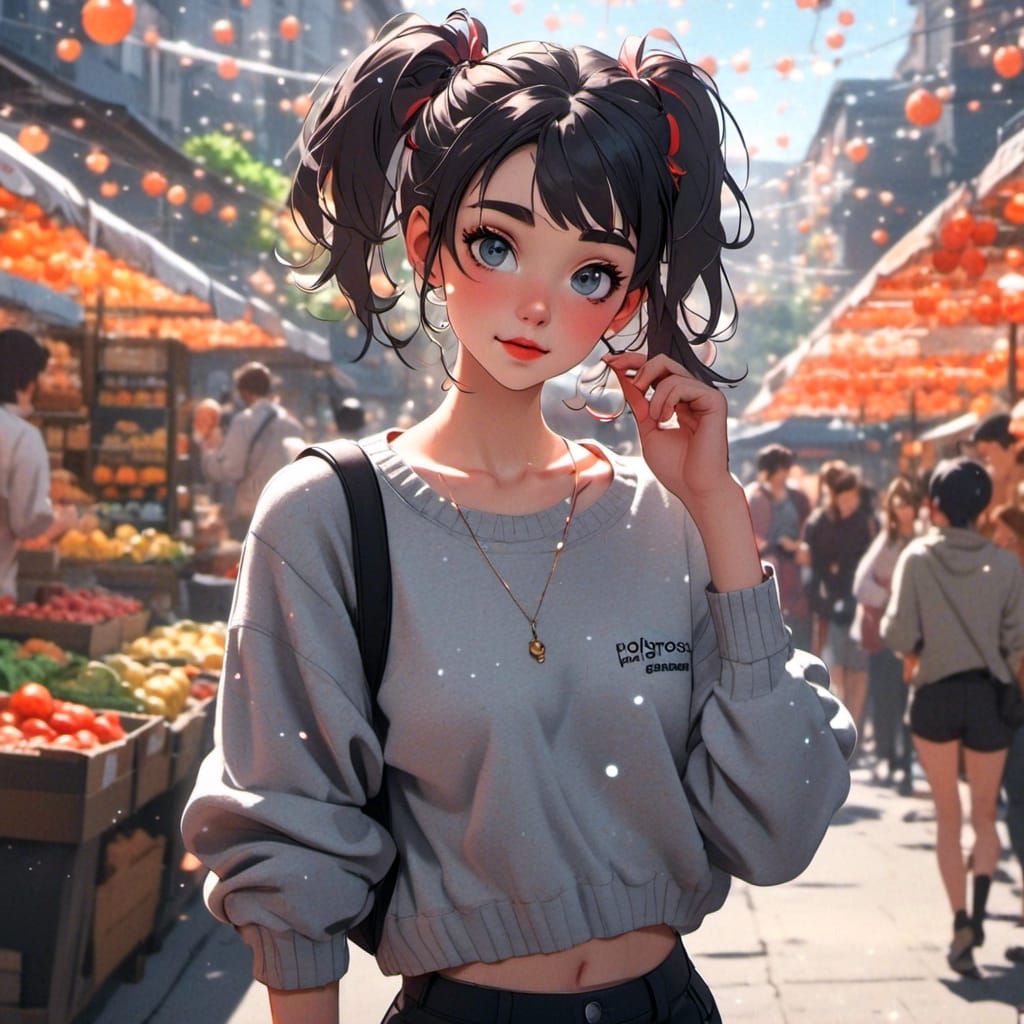 Anime-Inked Woman with Pigtails and Logo Sweater