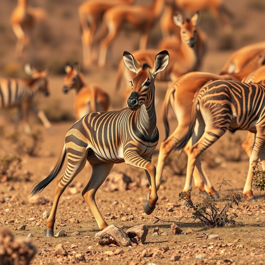 Okapi Frolicking in Sepia Tones on the Savannah