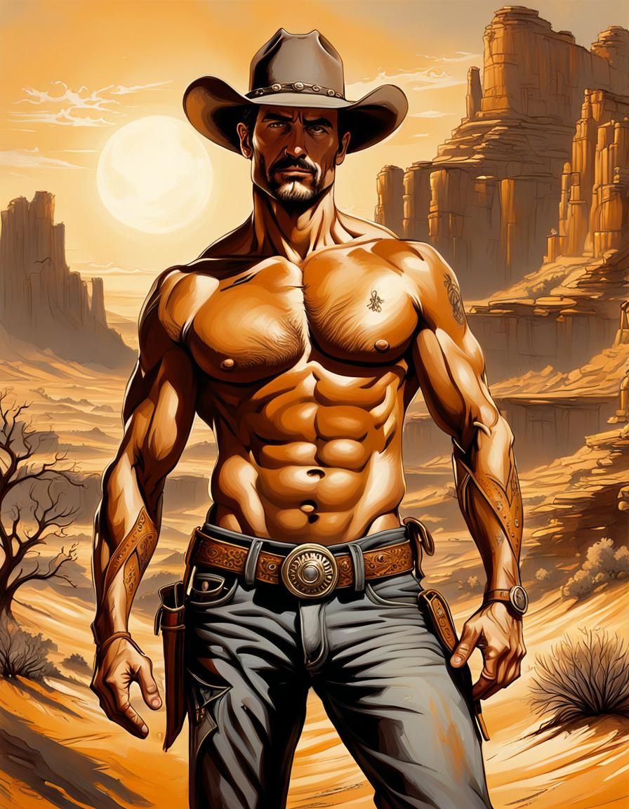 Cowboy Portrait in Warm Colors, Detailed Painting