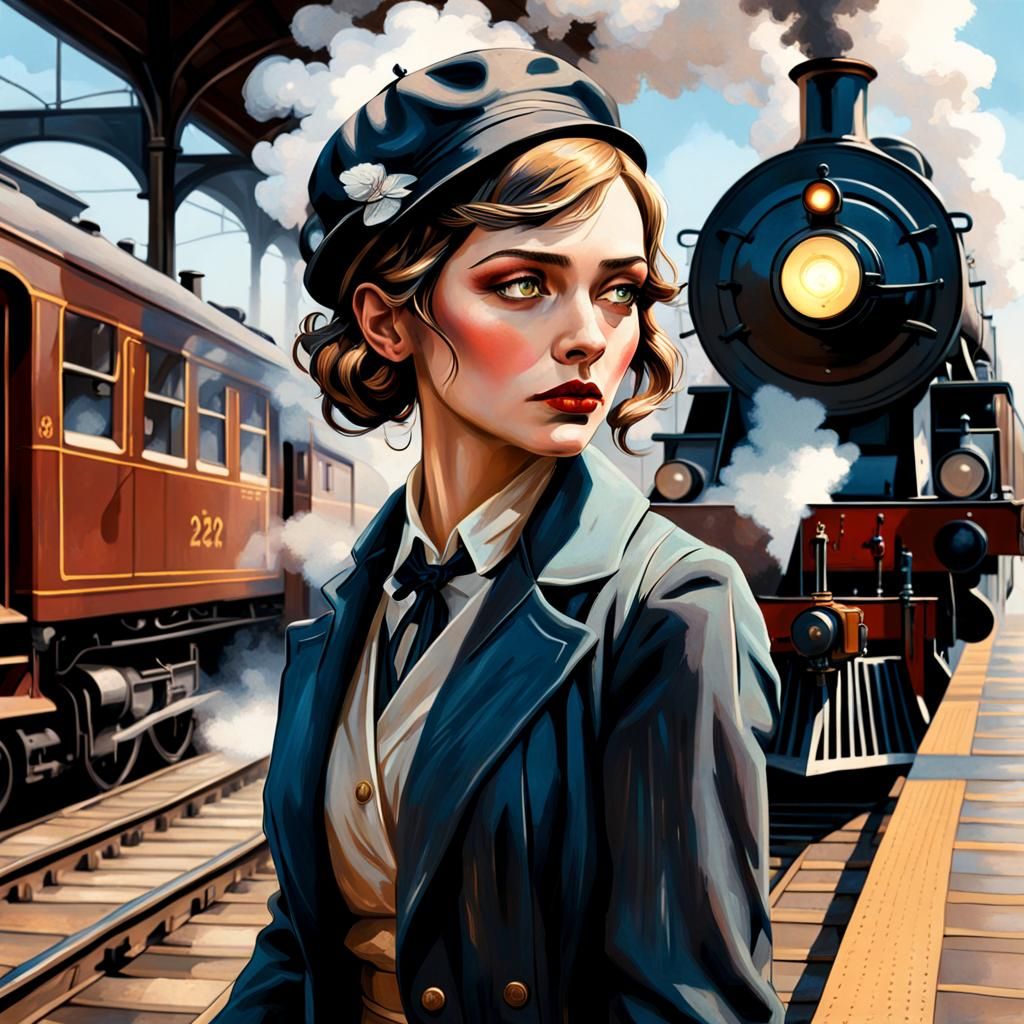 1920s girl waiting for the steam train on the platform.