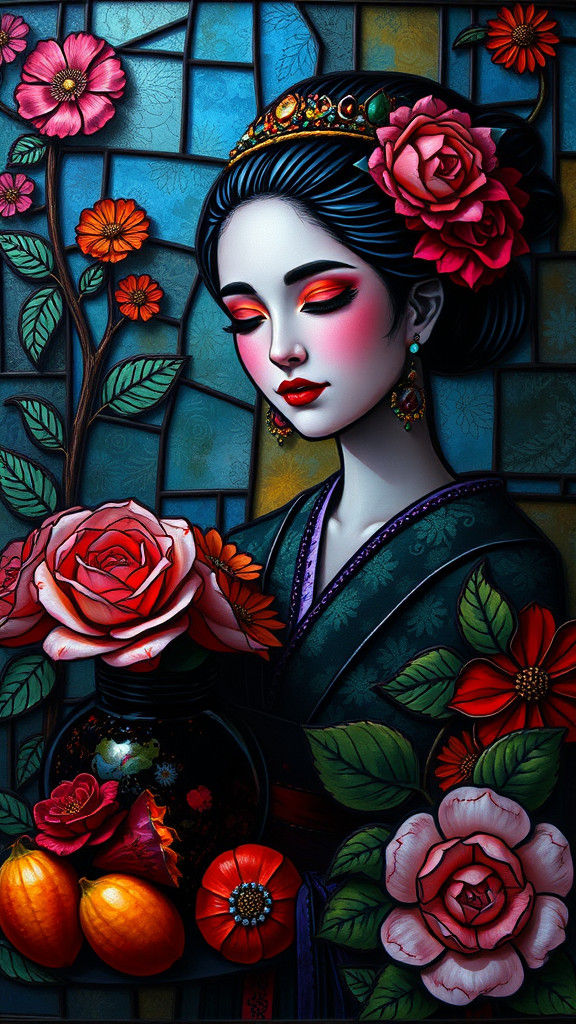 Goth Geisha Portrait in Micromosaic Stained Glass