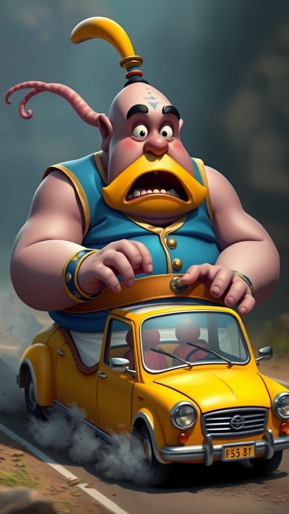 Gigantic Genie in a Toy Car Breakdown, Whimsical Fantasy Art