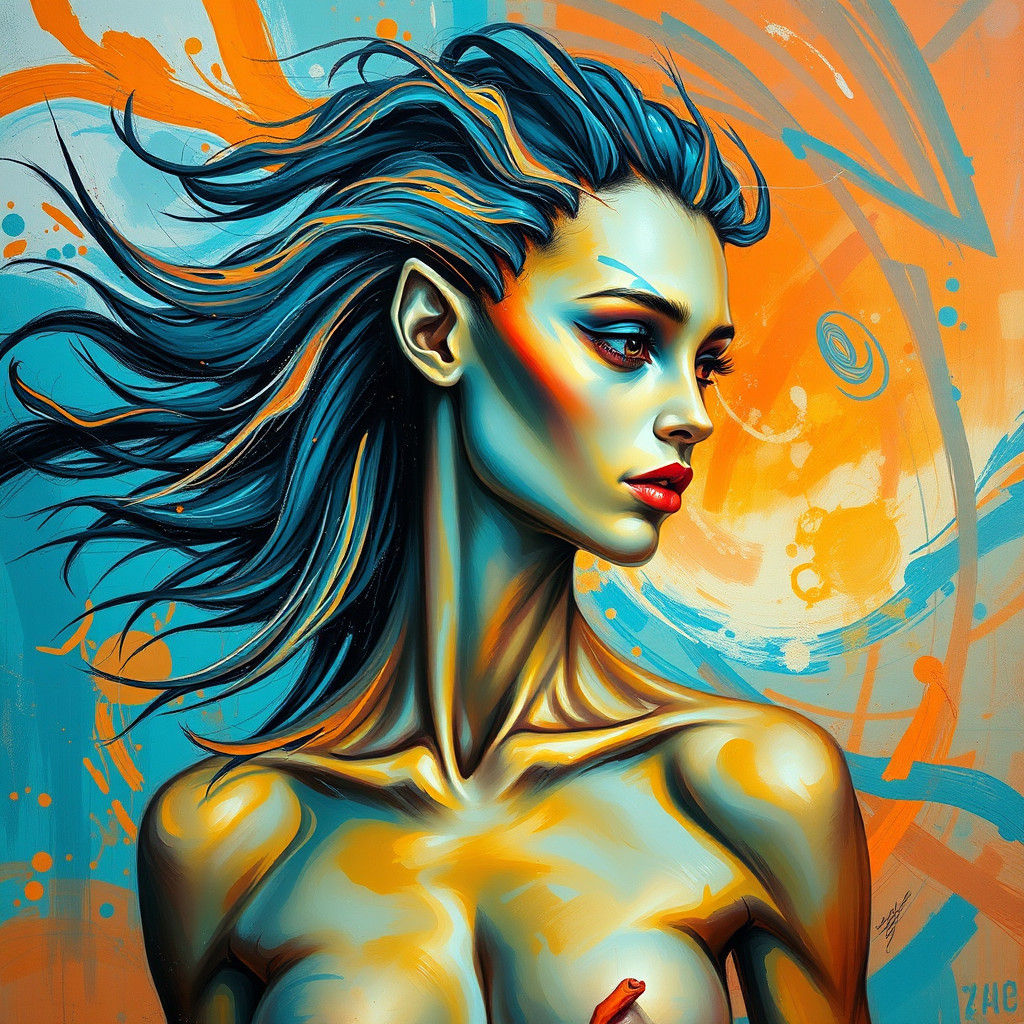 Iridescent Alien Woman in Abstract Expressionist Style