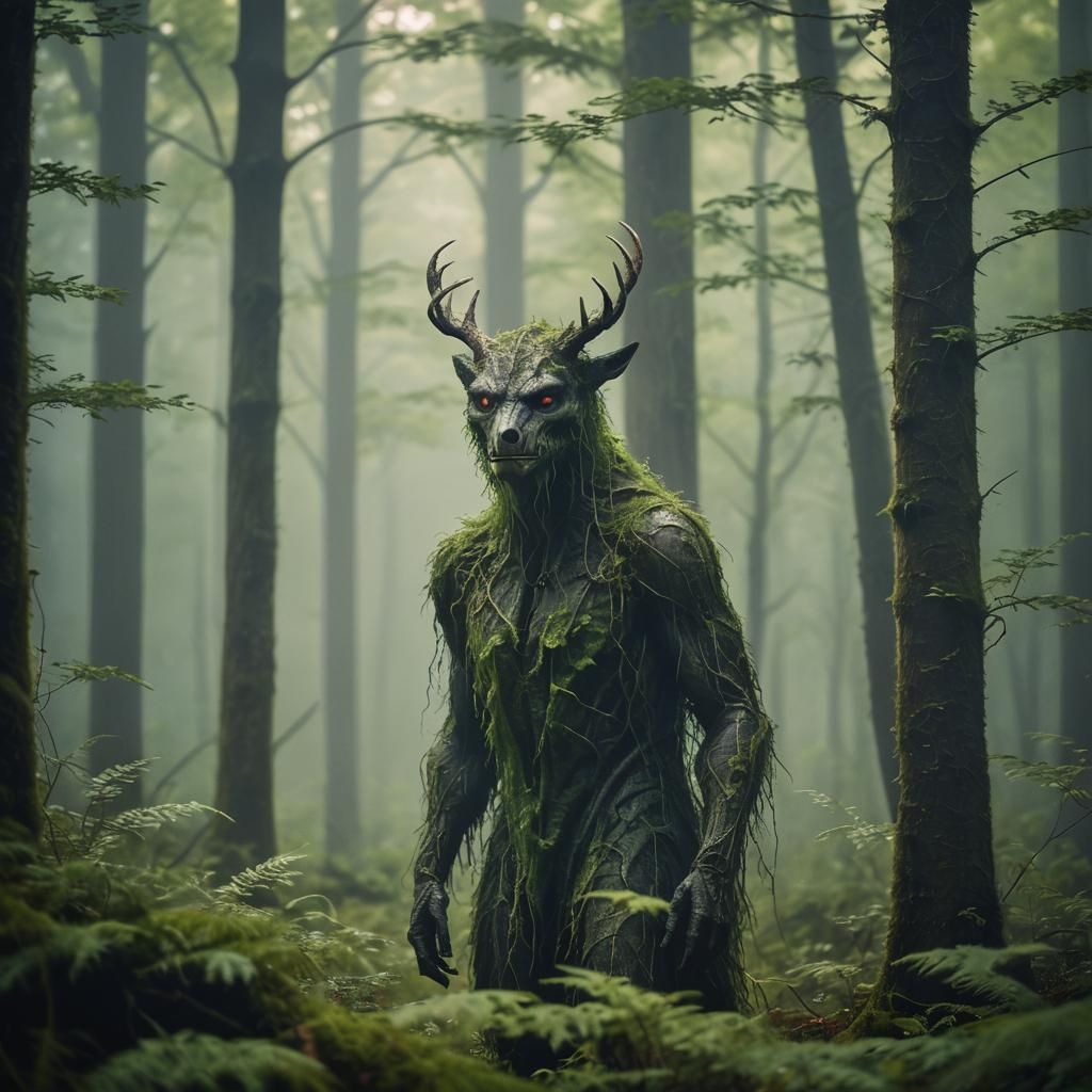 Mysterious Cryptid Portrait in Misty Forest Clearing