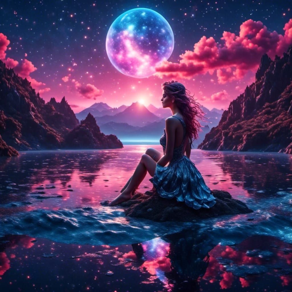 Woman and Starry Night Sky in Double Exposure Art