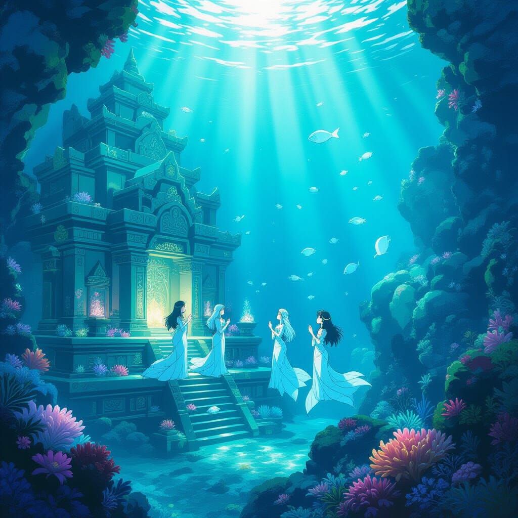 Underwater Temple with Mermaid Priestesses in Ghibli Style