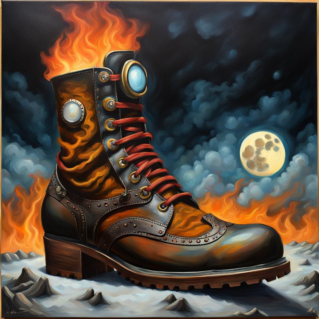 Steampunk Giant's Foot in Moonlight, Oil on Canvas