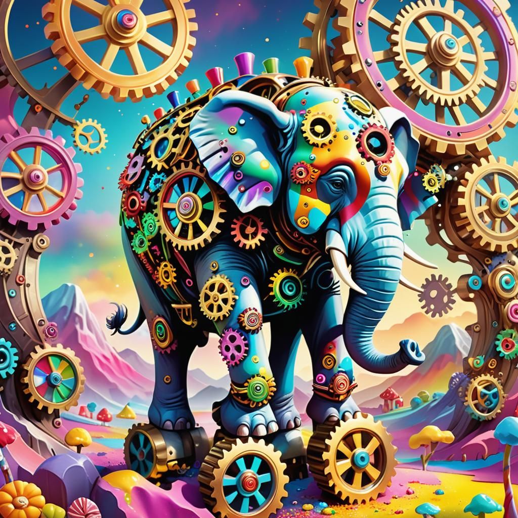 Gear-Elephant in Candyland: Pixar-Inspired Fantasy Art