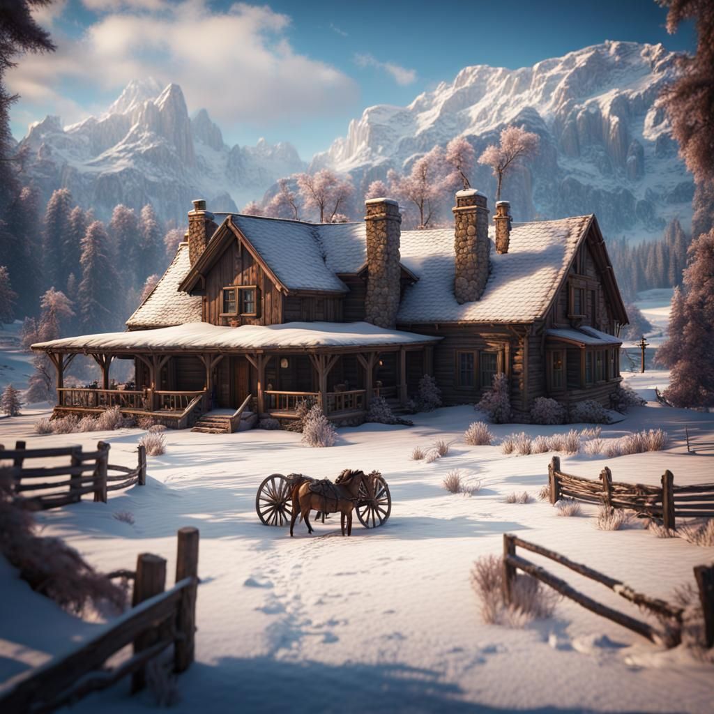 Winter Ranch House in the Mountains: Matte Painting