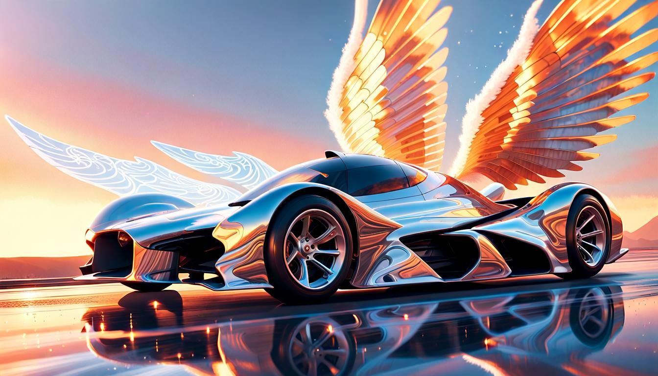 Winged Racing Car Soaring in Starry Sky