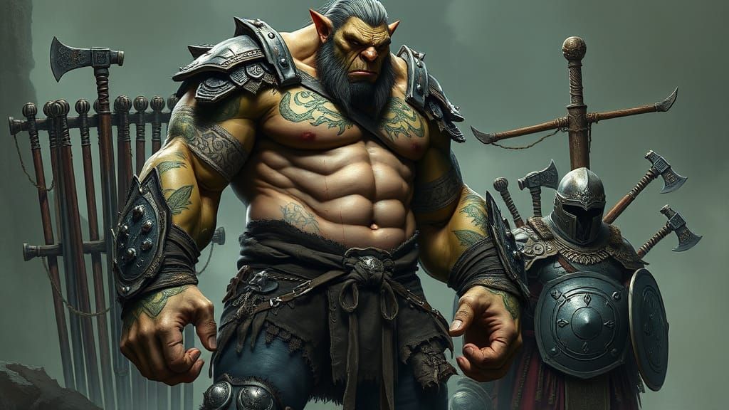 Muscled Orc Warrior Unveils Physique as Guard Brings Battle-...