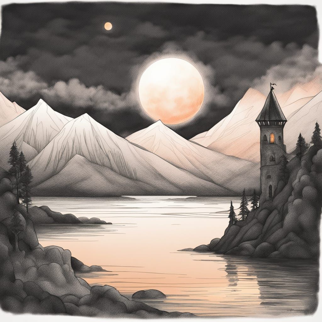 Pencil Sketch of Serene Landscape with Fairytale Tower and O...