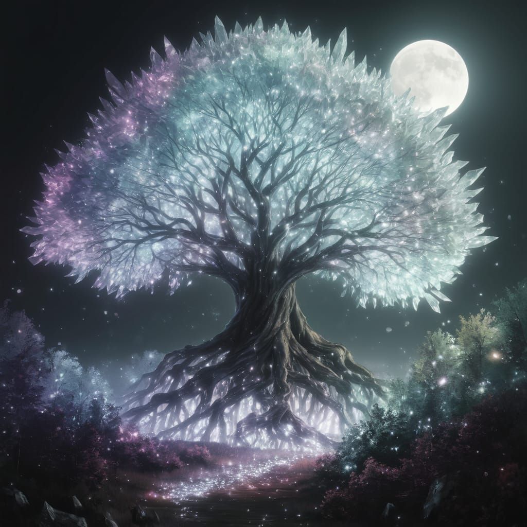 Moonlit Tree of Crystal Leaves in a Fantastical Forest