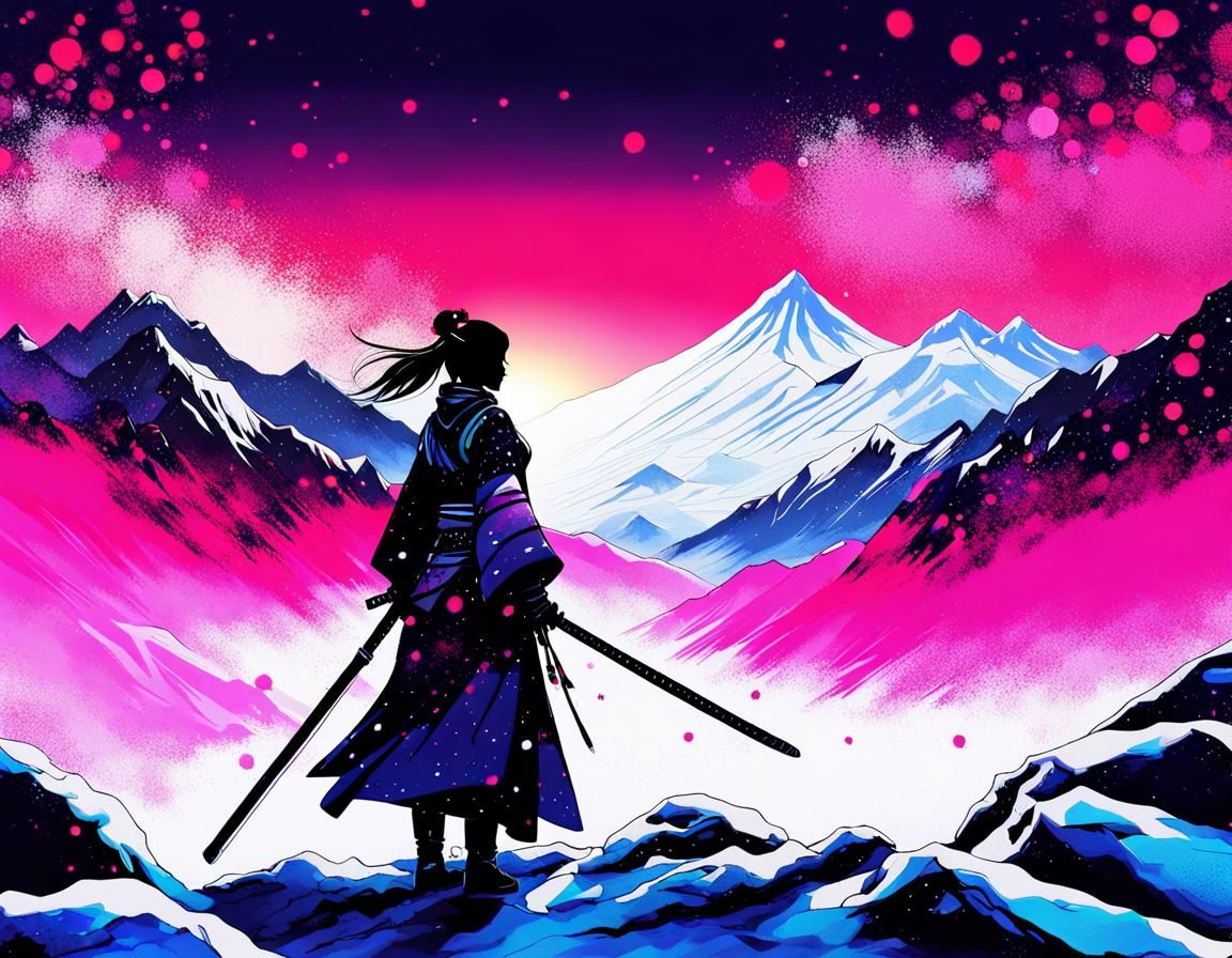 Etheric Samurai on Snowy Mountain in Anime Style
