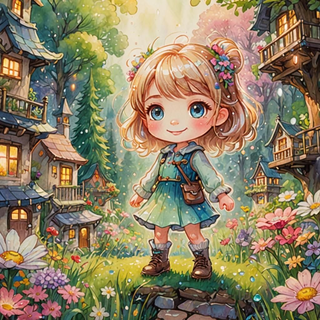 Whimsical Chibi Girl in Lush Meadow, Watercolor Style