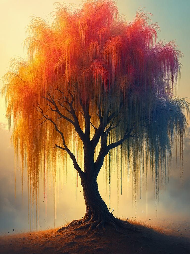 Majestic Willow Tree Radiates Vibrant Colors in Ethereal Bac...