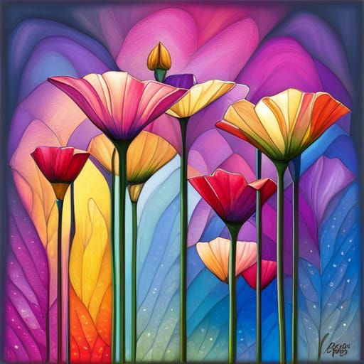 Rainbow poppies stained glass