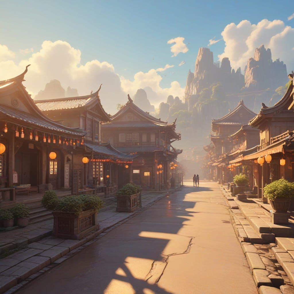 Neon Lit Town Inspired by Genshin Impact, 3D Anime