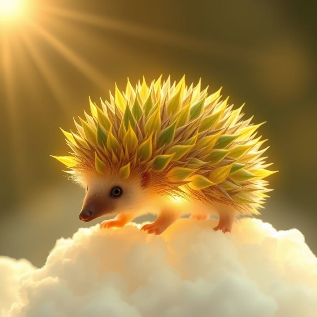 hedgehog, its thorns are leaves. translucent, luminous, magic.