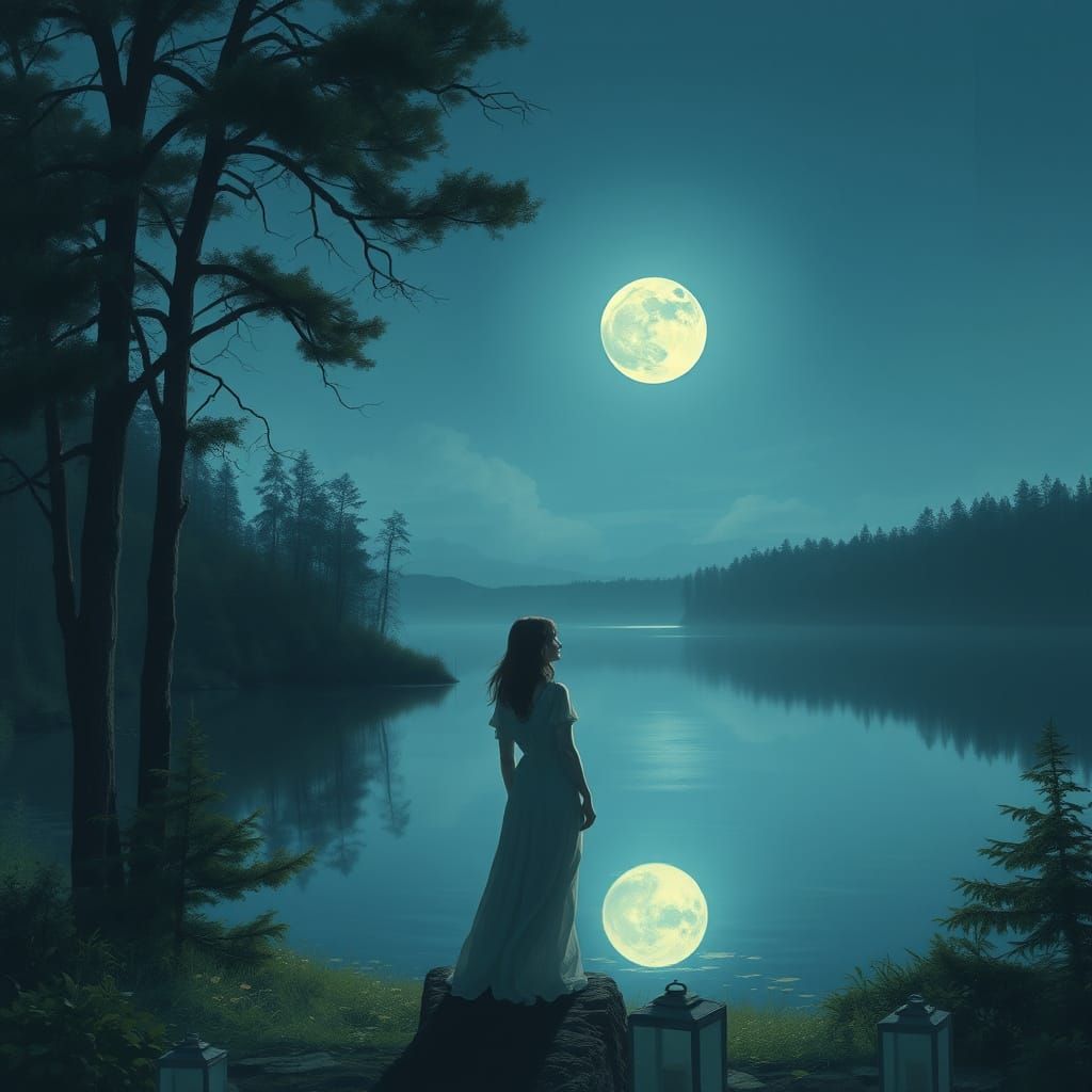 Woman Gazing at Moonlit Lake, Dreamy Art Style