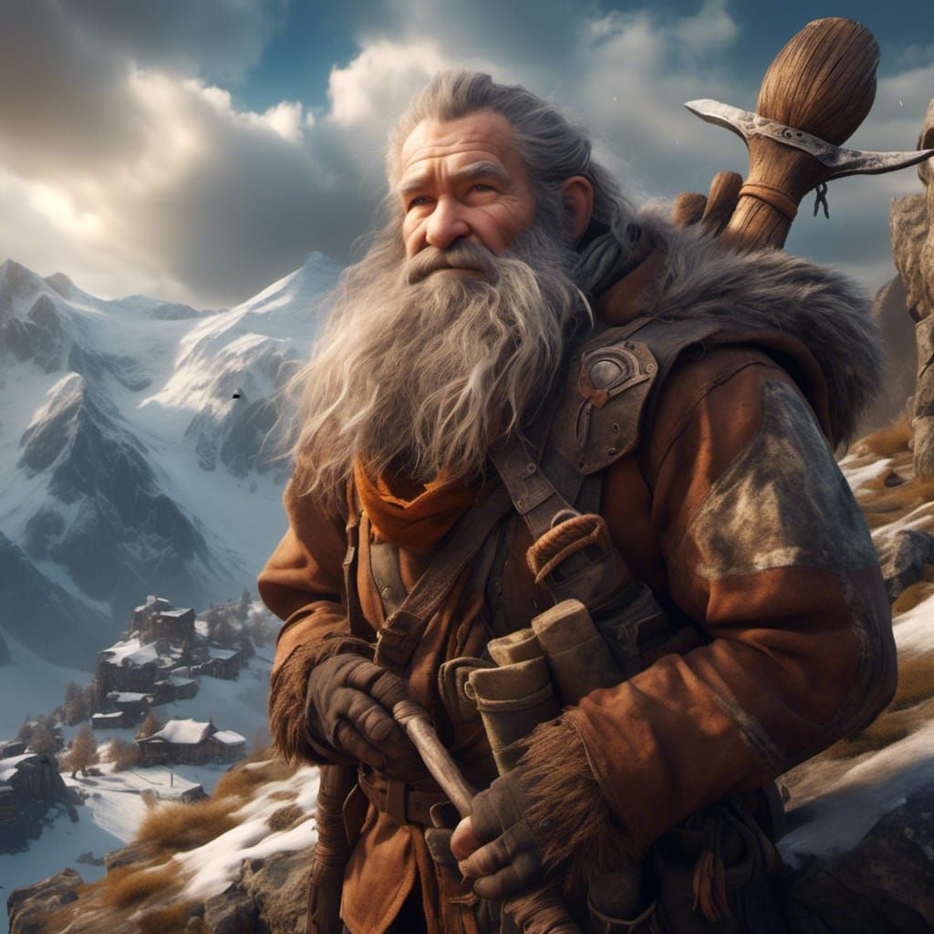 Dwarven Traveller on Snowy Mountain: Realistic Photo