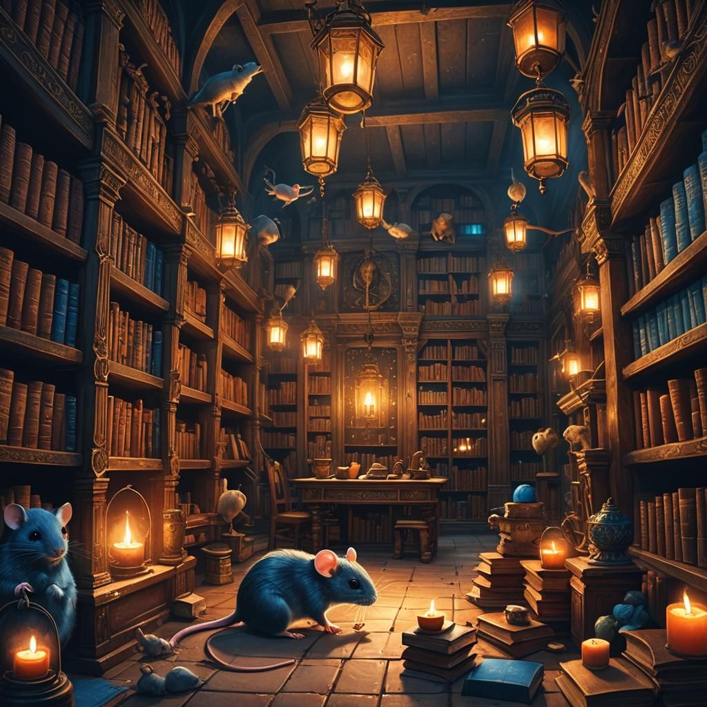 Mouse Eats Rat in Mystical Library Concept Art